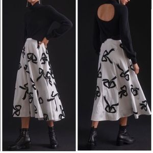 Anthropologie Maeve Taffeta Maxi Skirt Embroidered Black Bow White Lined size 10